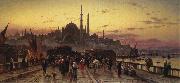 Hermann David Solomon Corrodi Dusk on the Galata Bridge and the Yeni Valide Djami, Constantinople oil